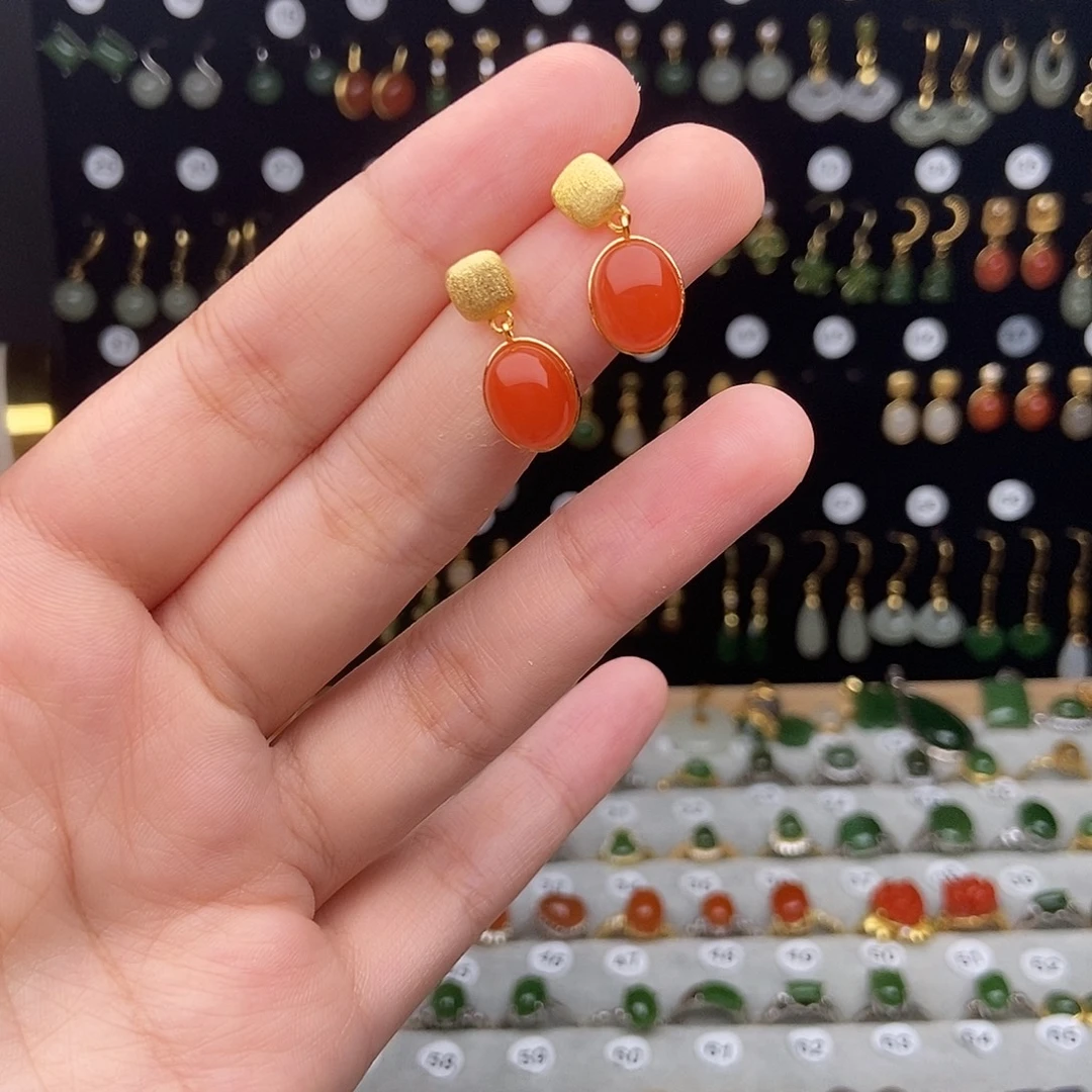 银S925镀金镶嵌和田玉耳饰