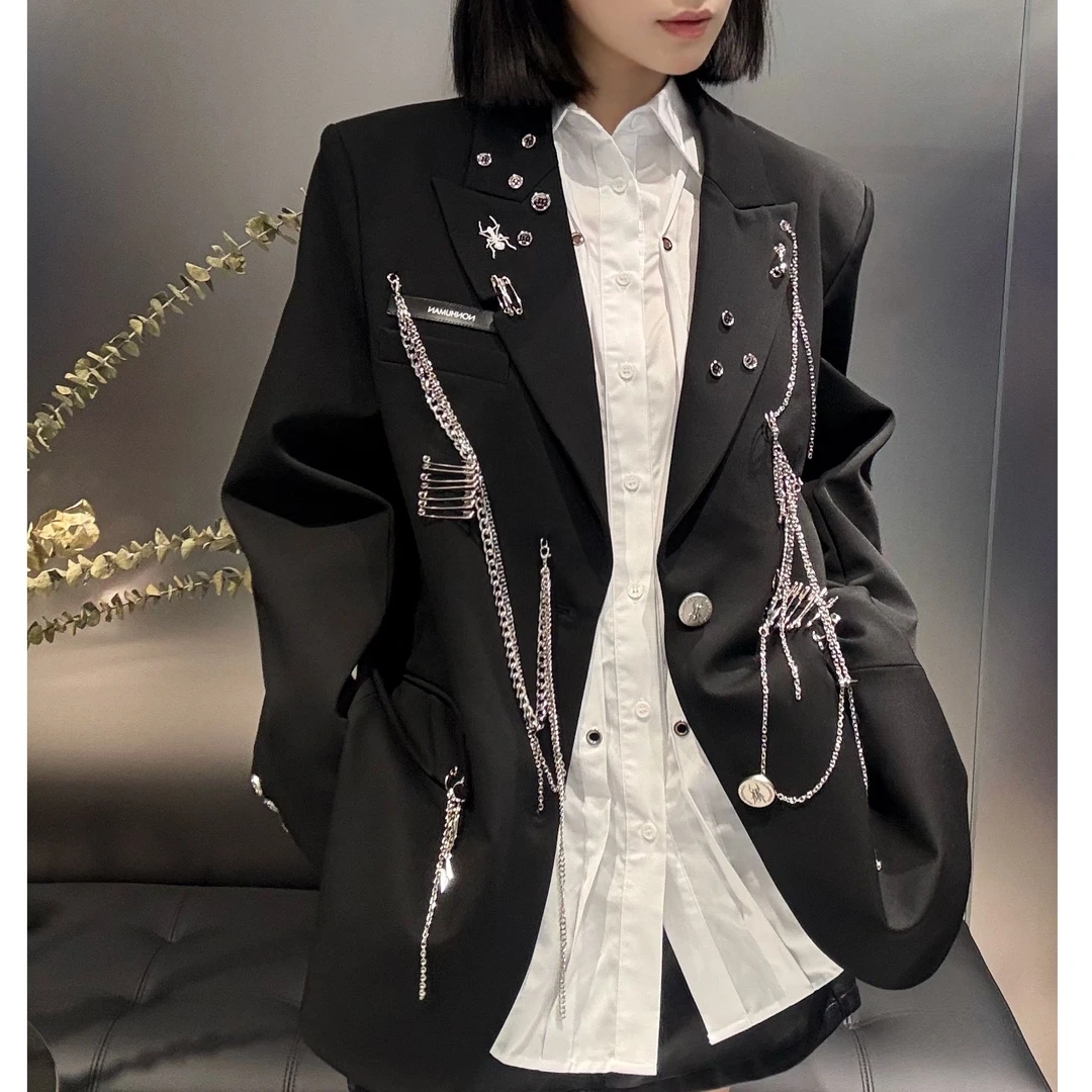 NONHUMAN手工重工链条廓形西装黑色西服时尚休闲