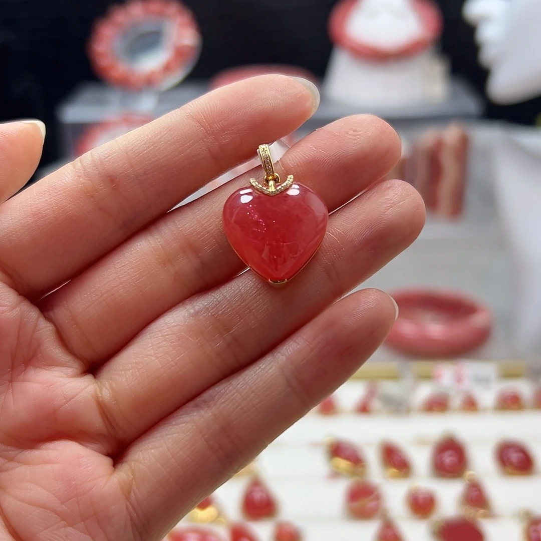 菱锰矿（红纹石）18K金镶嵌吊坠(不含链)