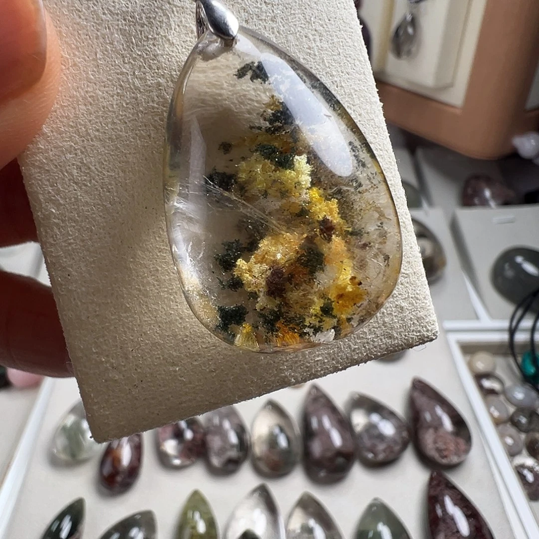 中***陆水晶银S925镶嵌颈饰天然黄幽灵水晶