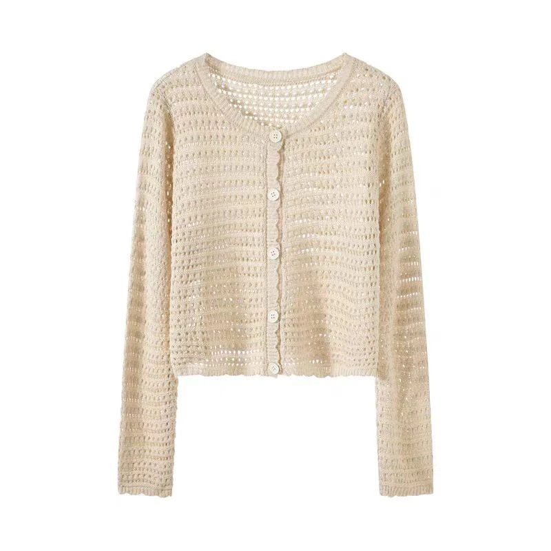 (61-120)大码镂空长袖针织开衫女春秋季外搭薄款毛衣棉纱宽松上衣