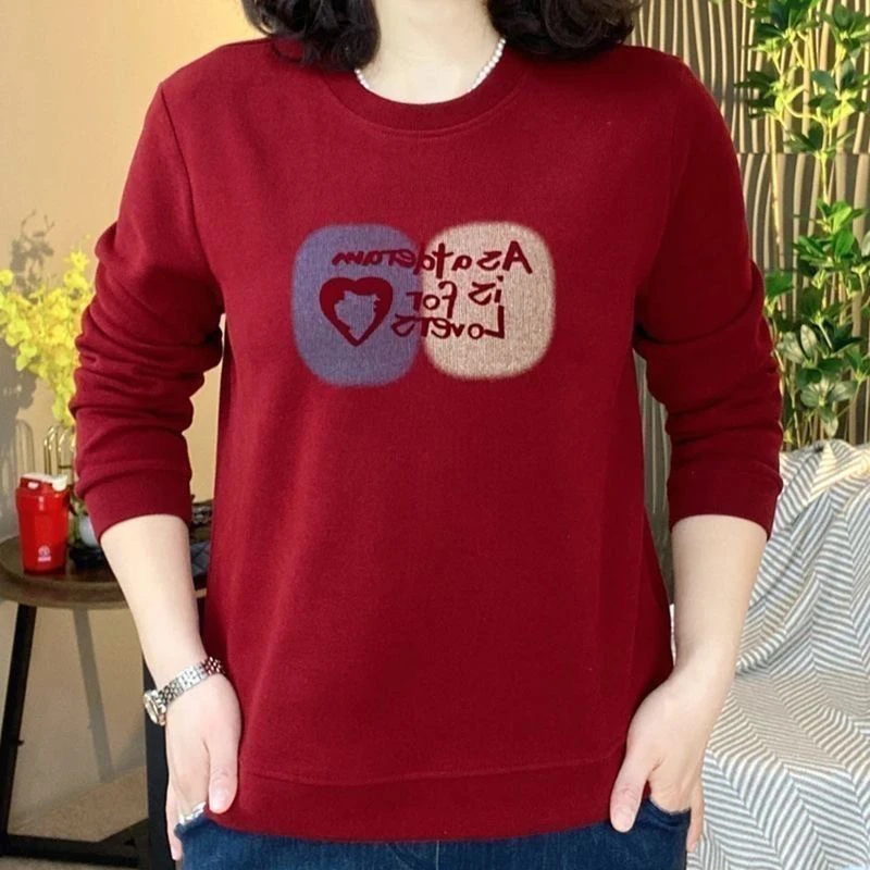 女圆领常规印花宽松T恤大码打底衫中老年