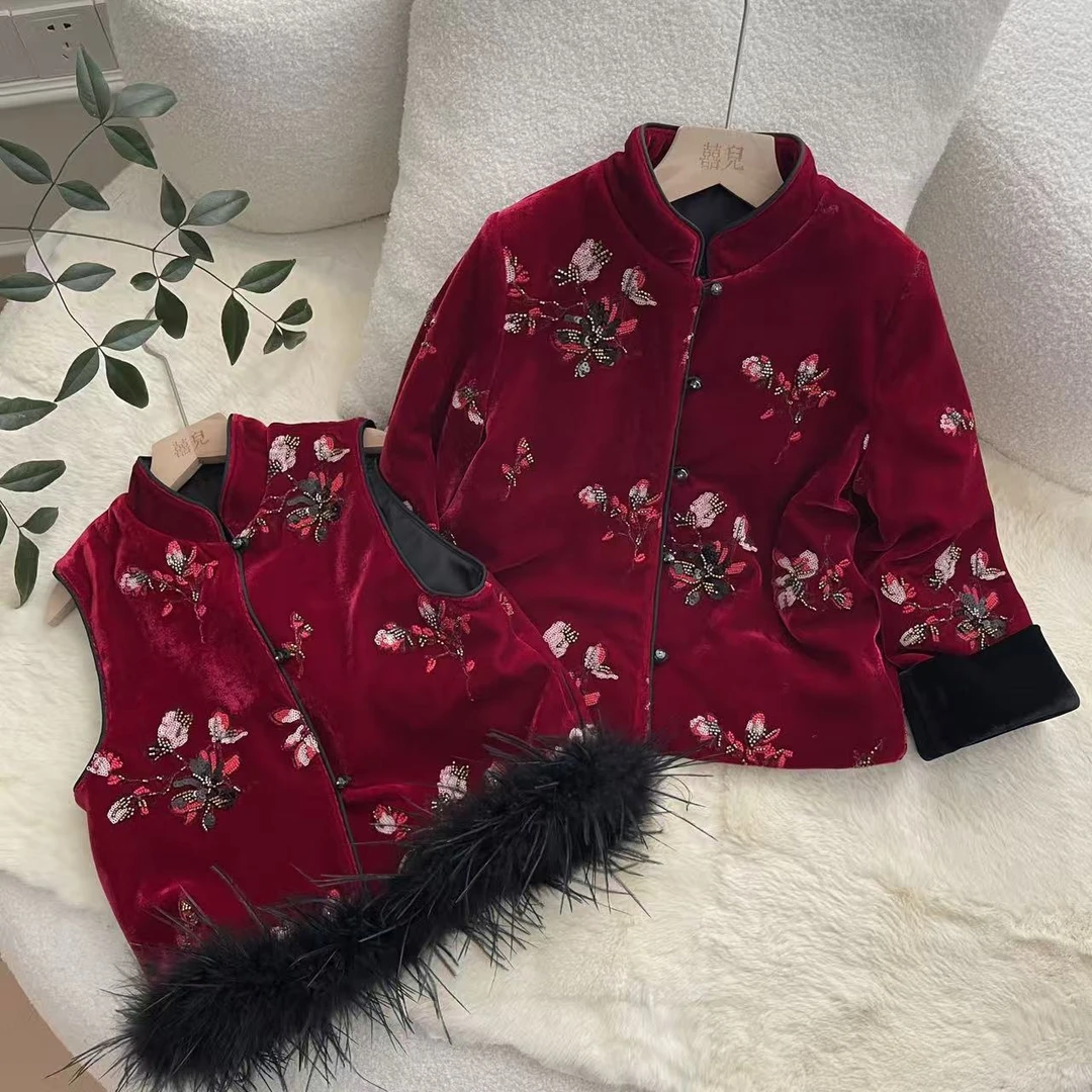 【喜儿定制】冬季新款新中式国风红色喜庆钉珠夹棉棉服&马甲亲子装