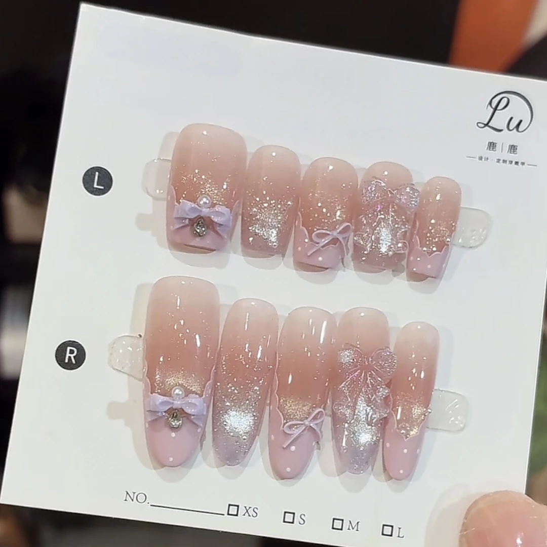 【辛德瑞拉】鹿鹿家-纯手工穿戴甲手作蝴蝶结淡紫色法式新品猫眼X