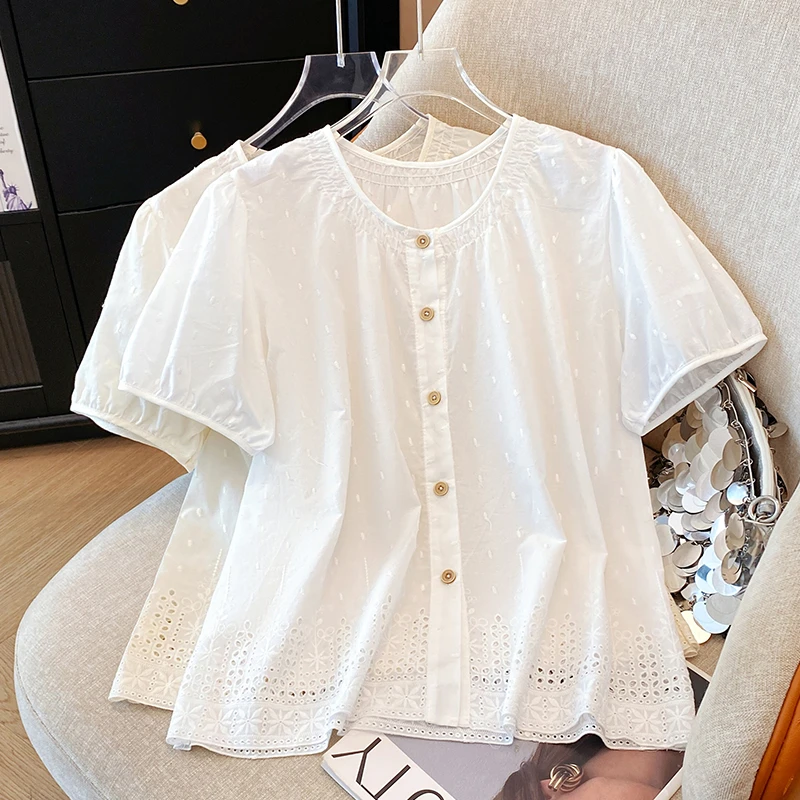 法式衬衫女薄款短袖夏季2025新款韩版宽松刺绣镂空小个子上衣小衫
