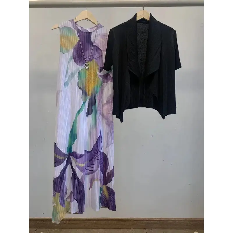 夏三褶皱套装女两件套优雅气质连衣裙加纯色短袖开衫超大弹力