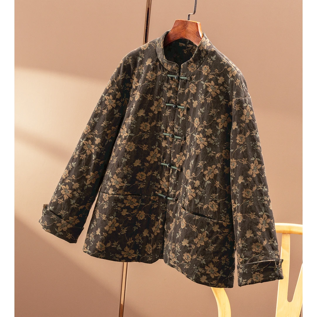 春天家 暖奢雅韵 国风新中式重工提花100蚕丝立领棉服外套女6Y28