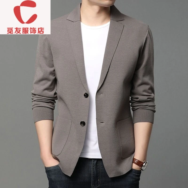觅友服饰高档毛衣针织开衫男士商务休闲西装领中年男装小西服外套
