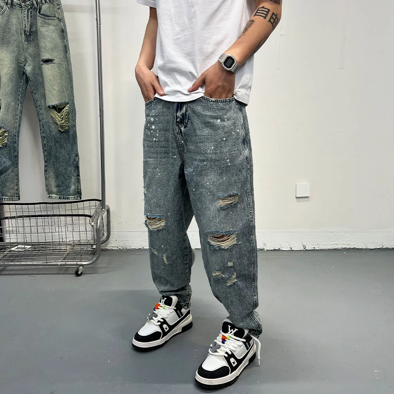 2025年夏季薄款潮流韩版痞帅宽松哈伦裤青年男士破洞休闲牛仔裤子