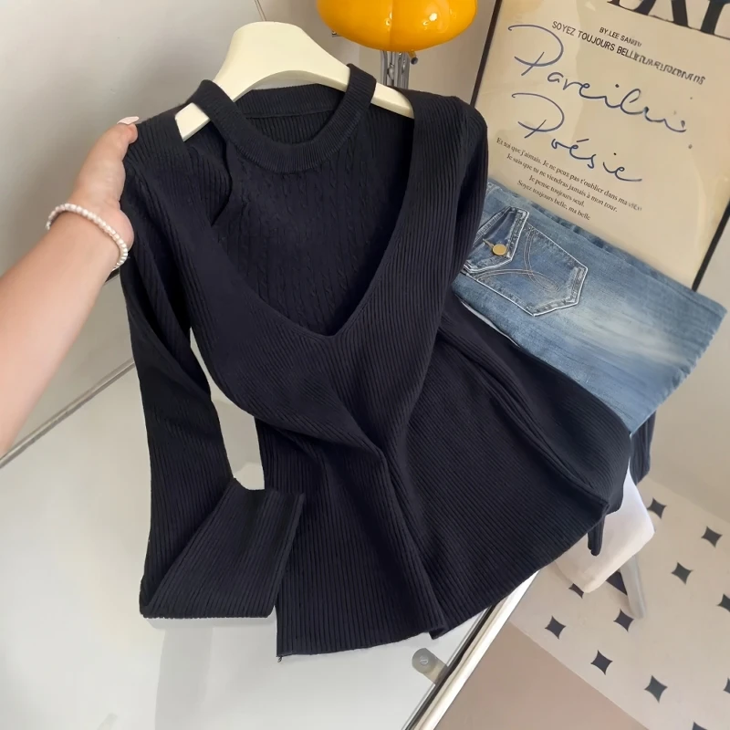 大码女装高级感挂脖假两件针织衫毛衣秋冬宽松内搭打底衫黑色上衣