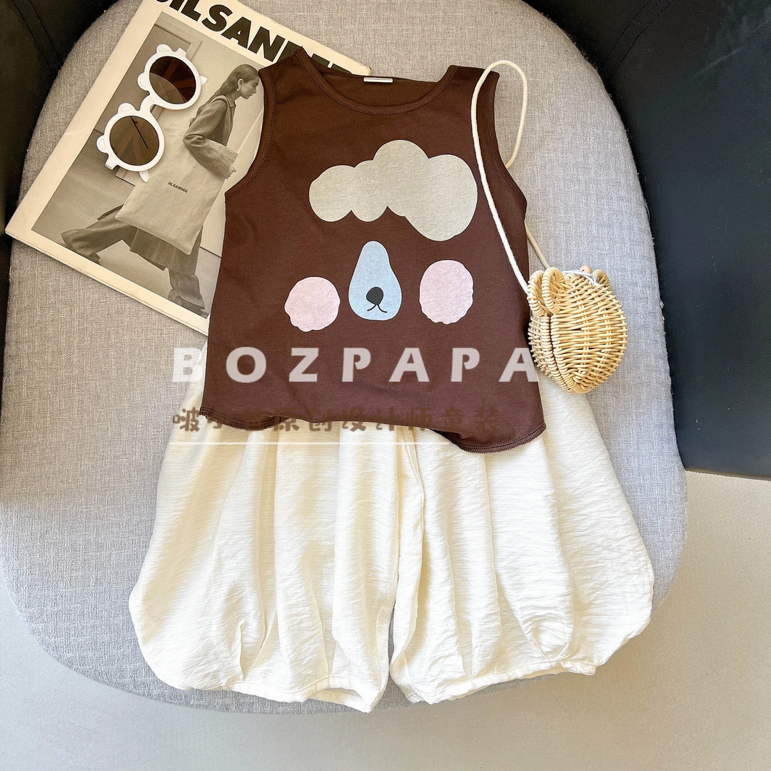 现货啵小爸【焦糖甜豆】2025夏季男童韩系休闲小熊印花设计背心套装