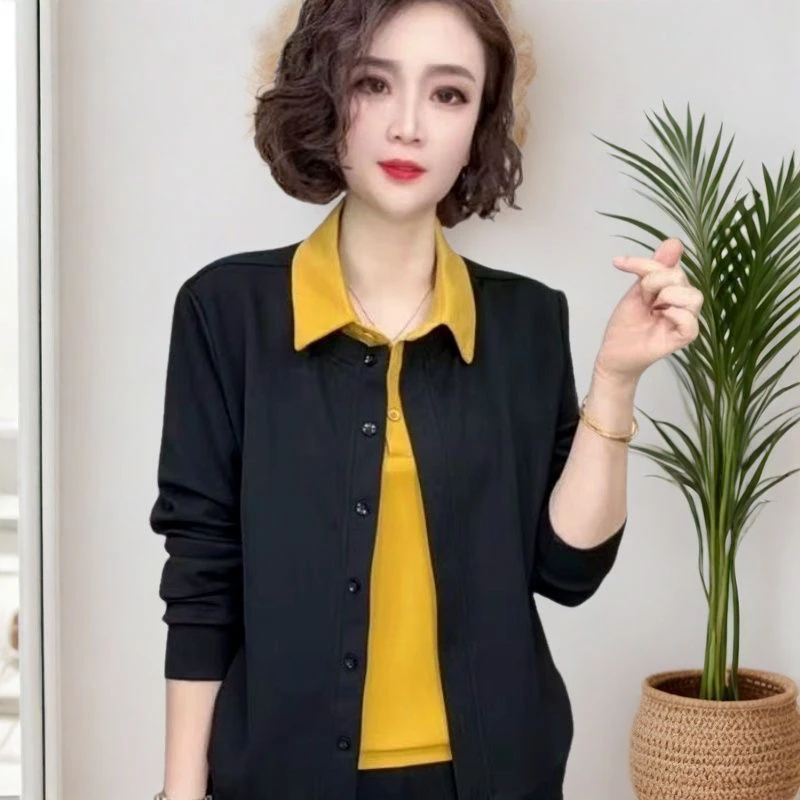 纯色百搭T恤长袖休闲假两件洋气网红宽松型法式大码