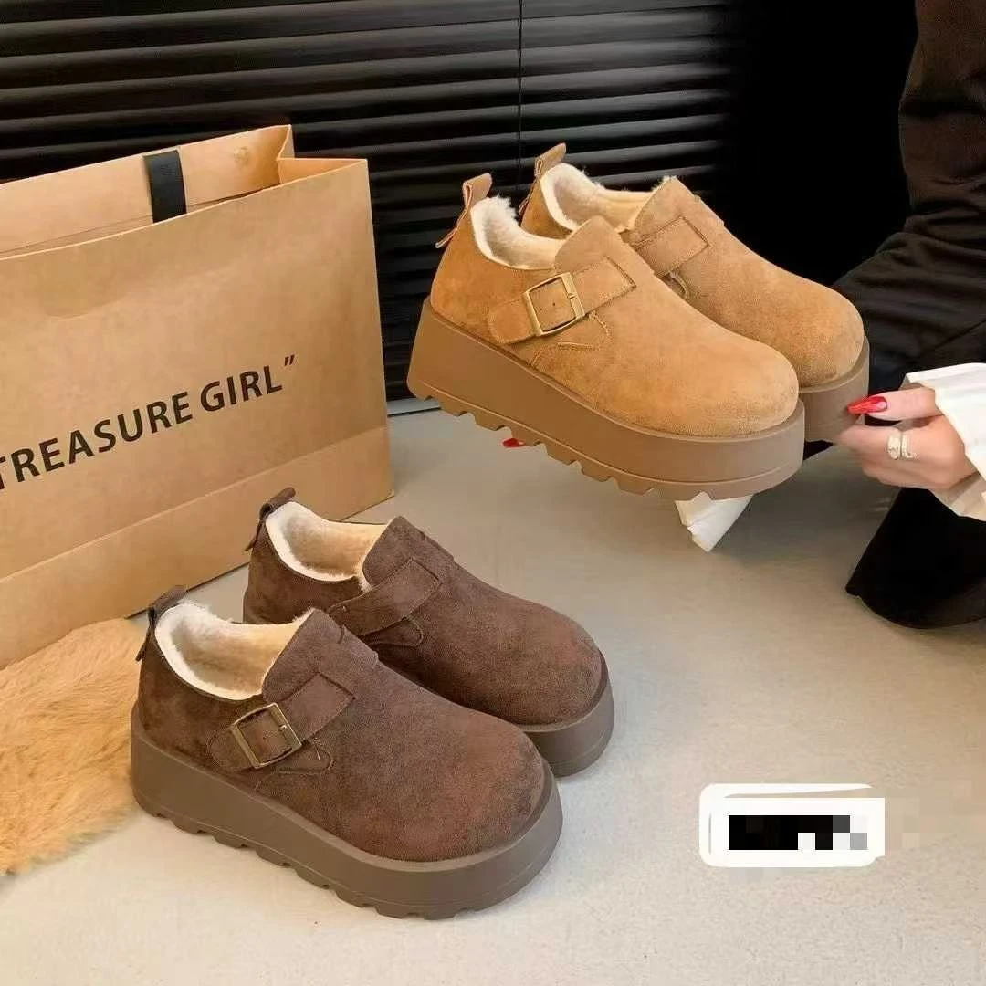 新款百搭加绒厚底增高女款冬季一脚蹬勃肯棉鞋软皮软底轻便舒适