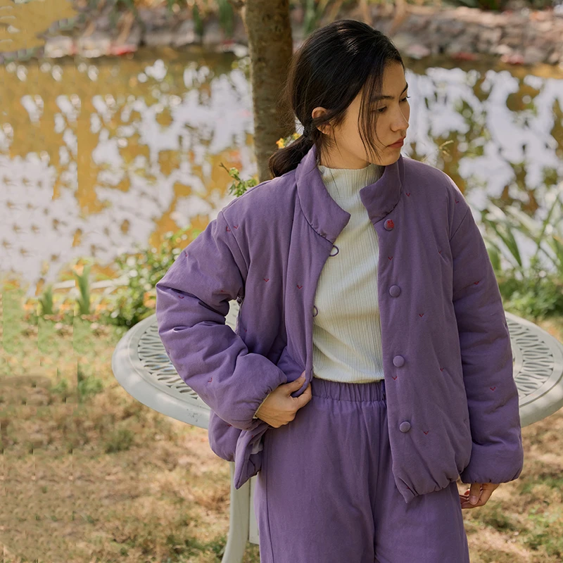 朵朵可可睡衣女冬新款保暖加厚立领里外全棉厚夹棉家居服套装033