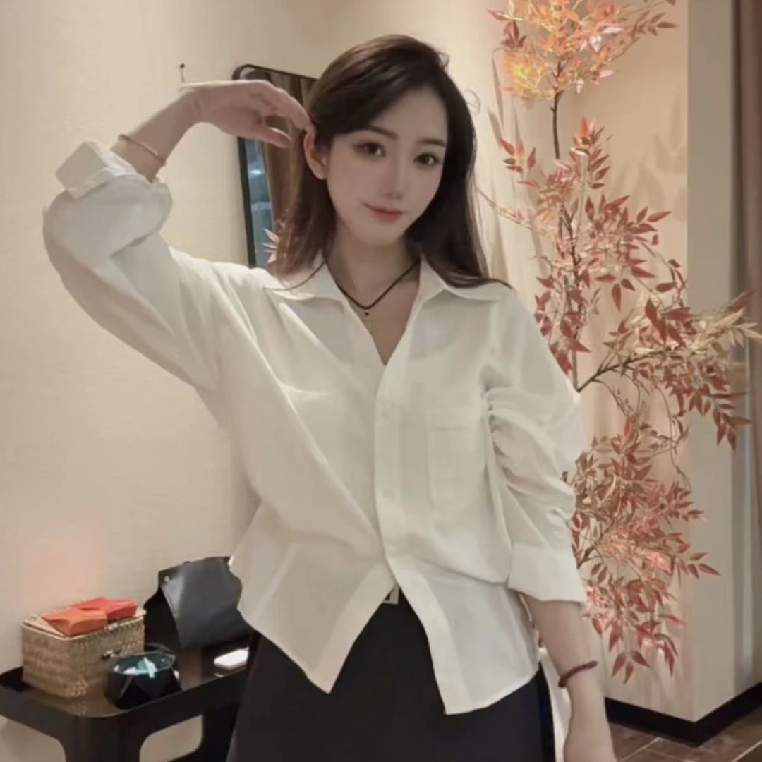 【漫月白茶】早秋新款韩系简约气质翻领收腰显瘦女装衬衫上衣外套