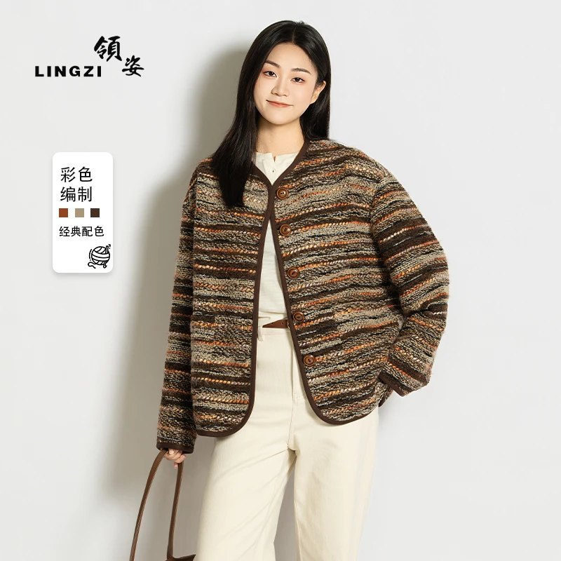 LINGZI/领姿 秋冬新款编制感花色时尚宽松长袖外套3129092