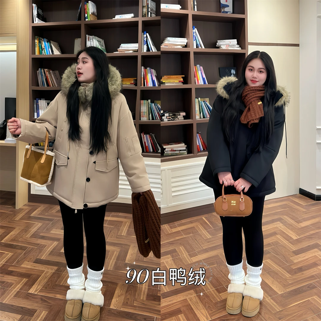花契“焦糖漫雪”大码女装显瘦胖mm-90白鸭绒毛茸茸羽绒服14080-F