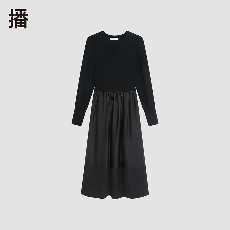 【王雪糕专属】播秋圆领设计师时尚黑色拼接连衣裙热力感BDQ8LD1885