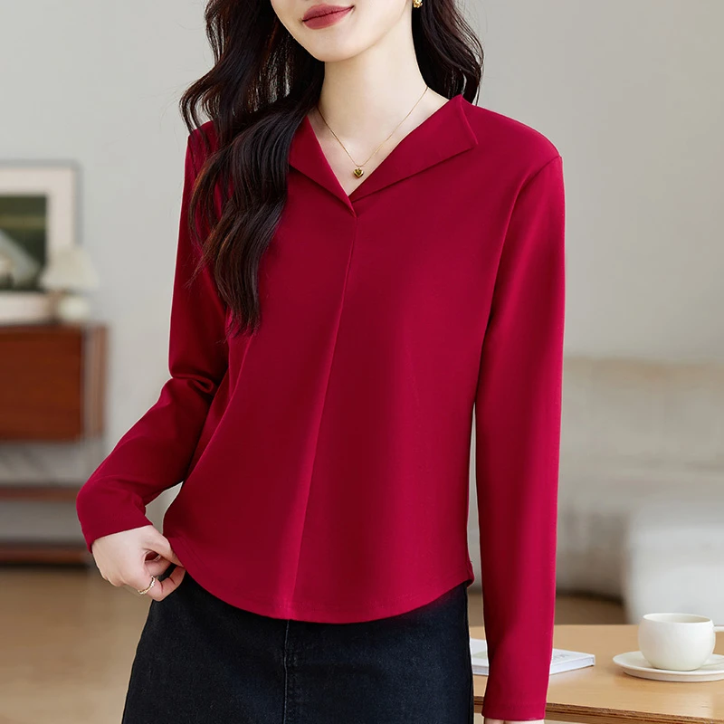 纯色翻领长袖T恤打底2025新款秋季爆款气质显瘦百搭上衣休闲时尚