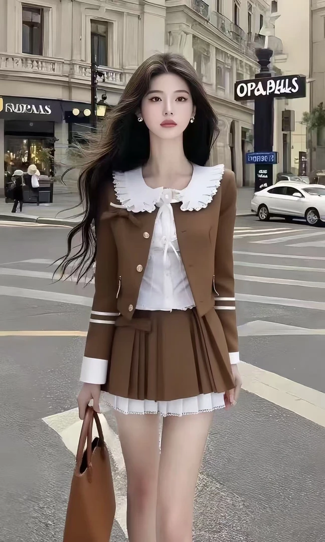休闲风气质显瘦氛围感穿搭长袖短款外套百搭内搭半身裙棕色三件套