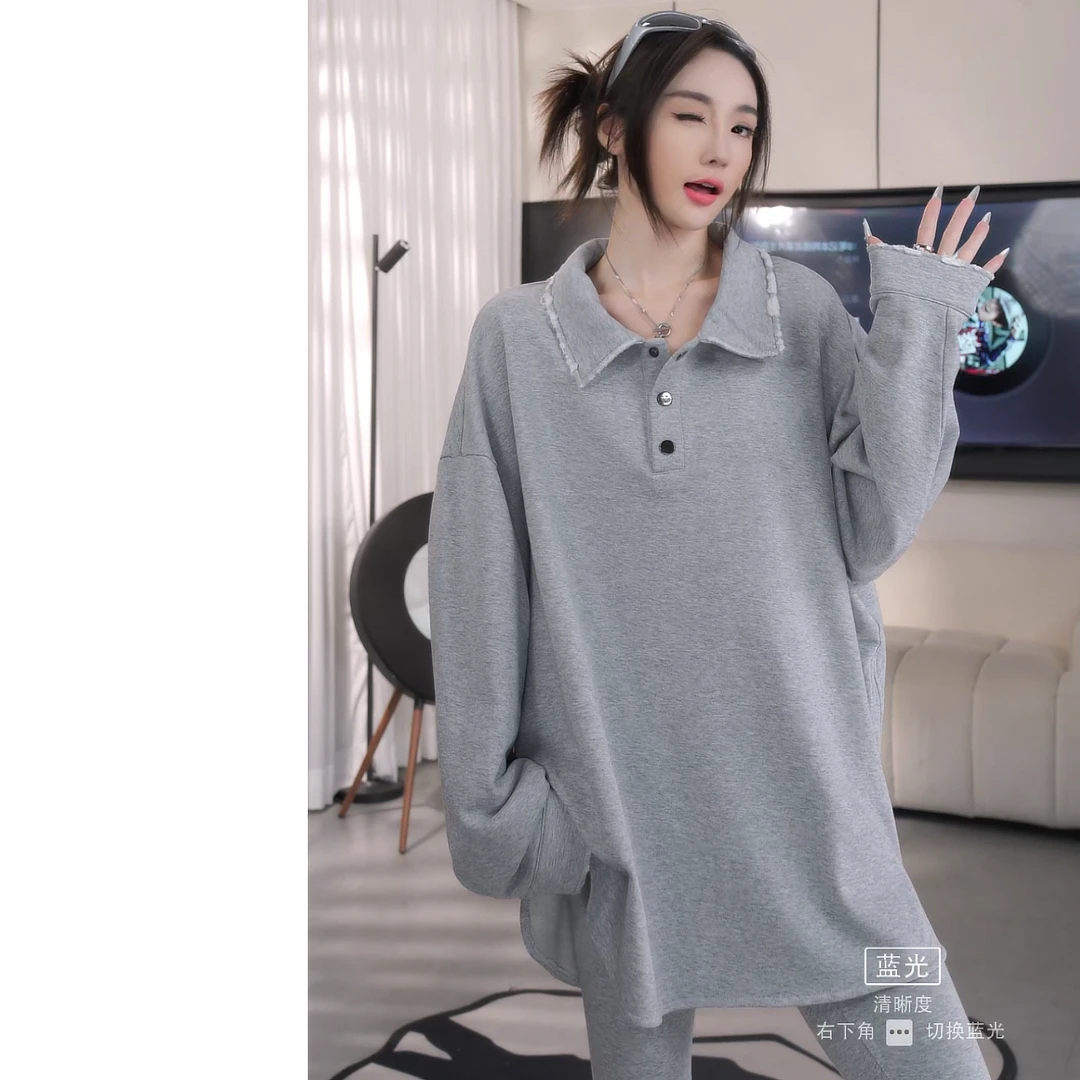 【赵一一】立领翻边磨破设计休闲卫衣韩版宽松遮肉卫衣 Y22769