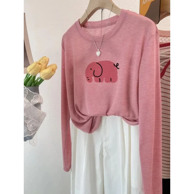 2-300斤特大码ins小象印花慵懒长袖T恤初秋男女宽松潮流休闲上衣2