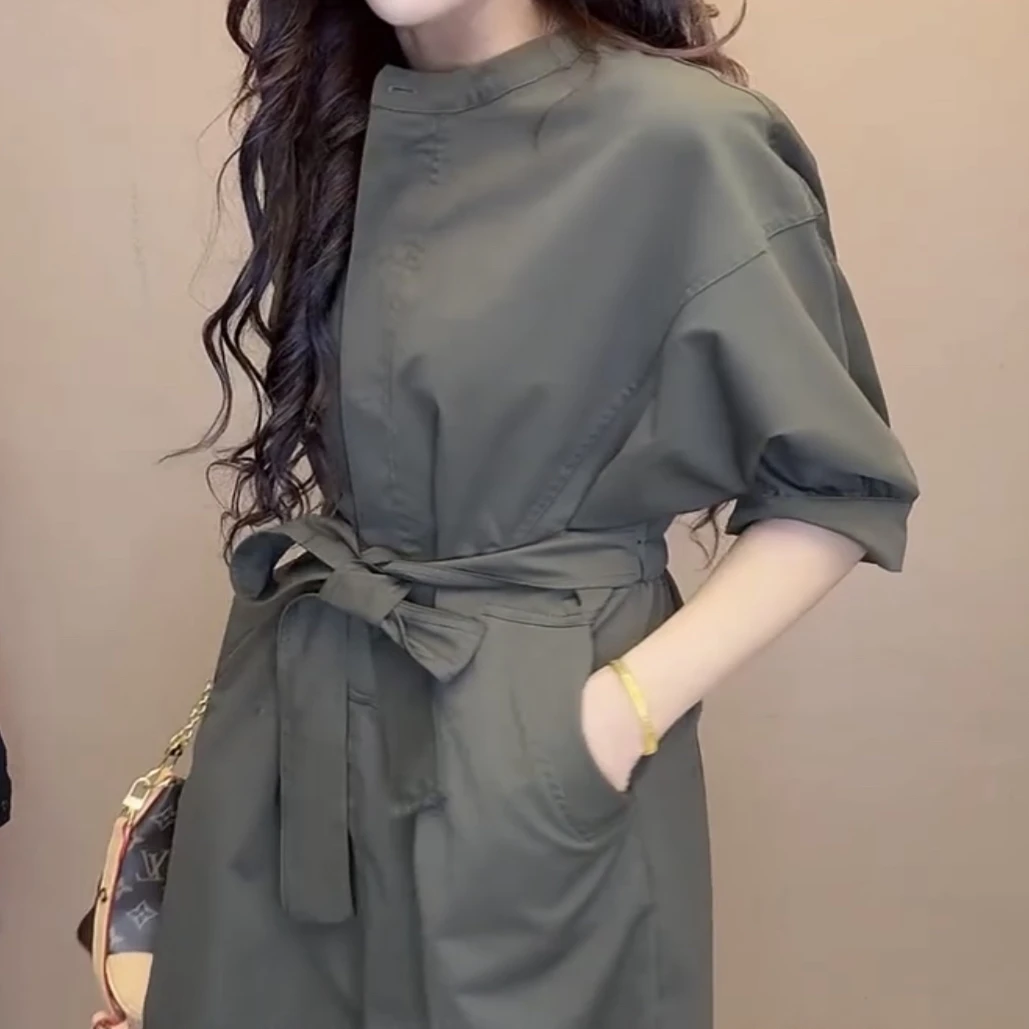 法式设计感通勤老钱风松弛感中袖A字圆领连衣裙收腰系带外套风衣M