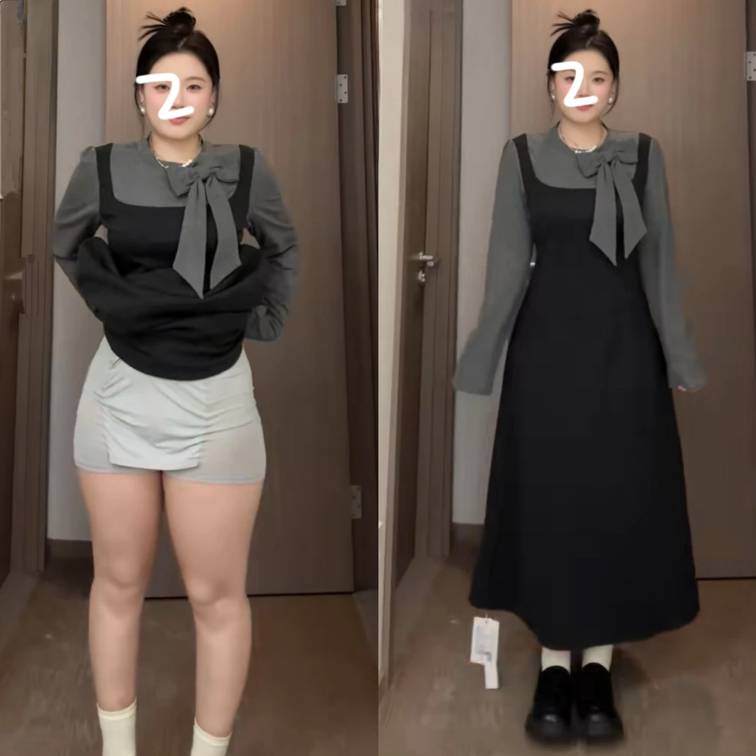 大码假两件叠穿连衣裙秋冬时尚胖mm显瘦法式赫本风拼接气质裙子