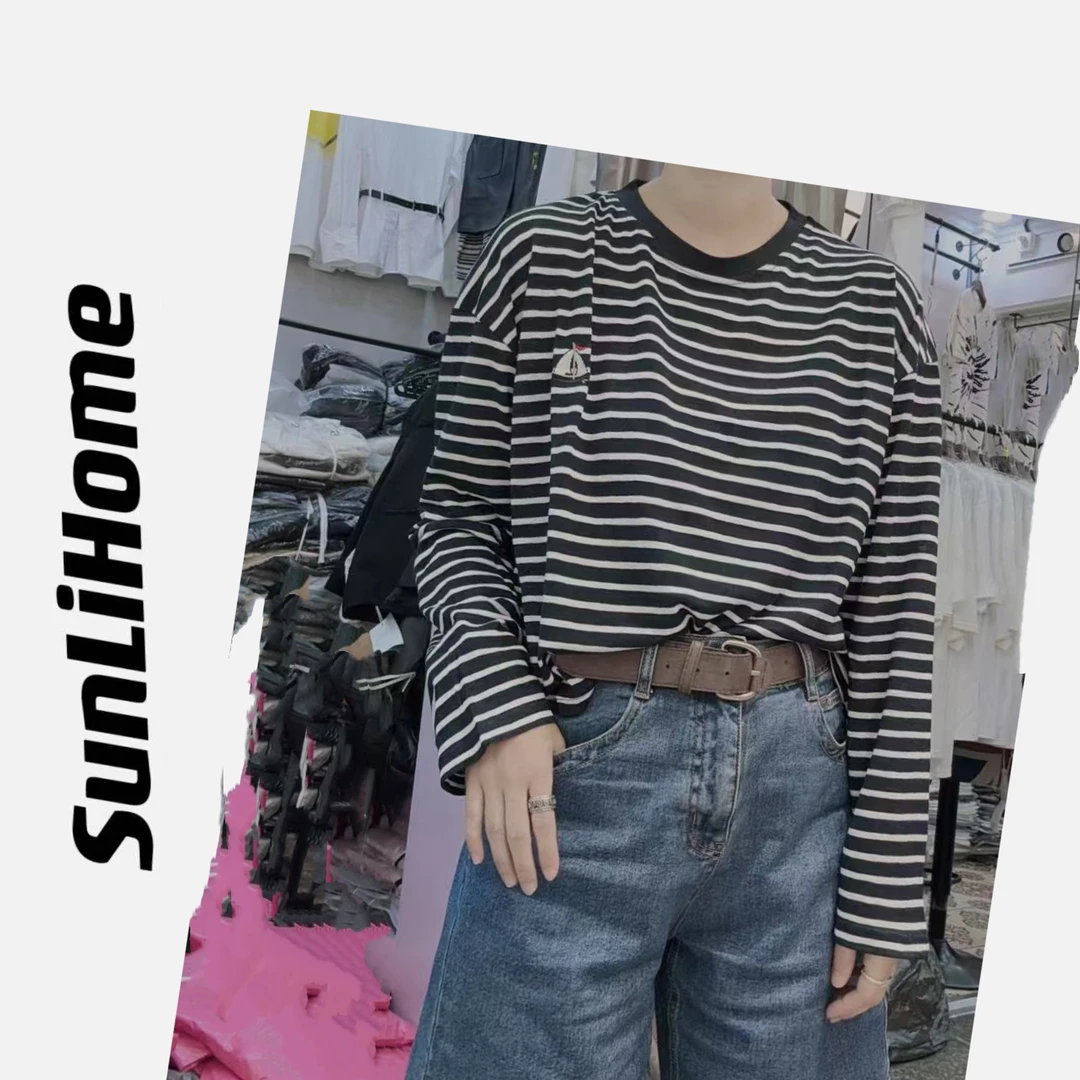 SL-【短款防晒T】58269#新款条纹短防晒T恤宽松（衣长～54）