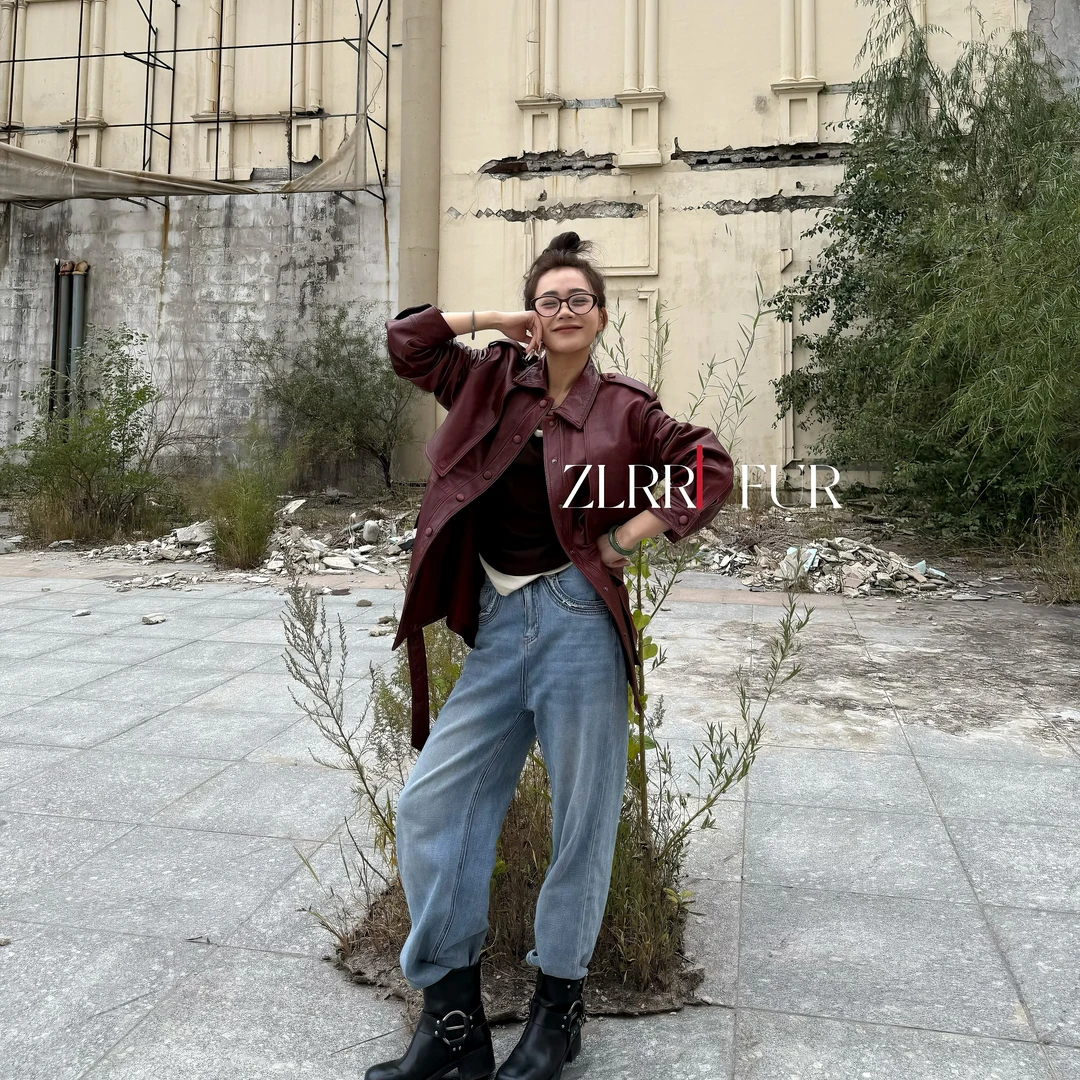 【ZLRR】秋季新韩版时尚百搭腰带风衣款绵羊皮油腊皮女士皮衣503