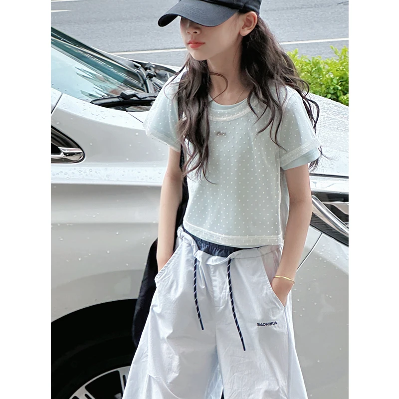 K29009法式波点罩衫女童短袖两件套2025新款夏装儿童洋气两件套潮