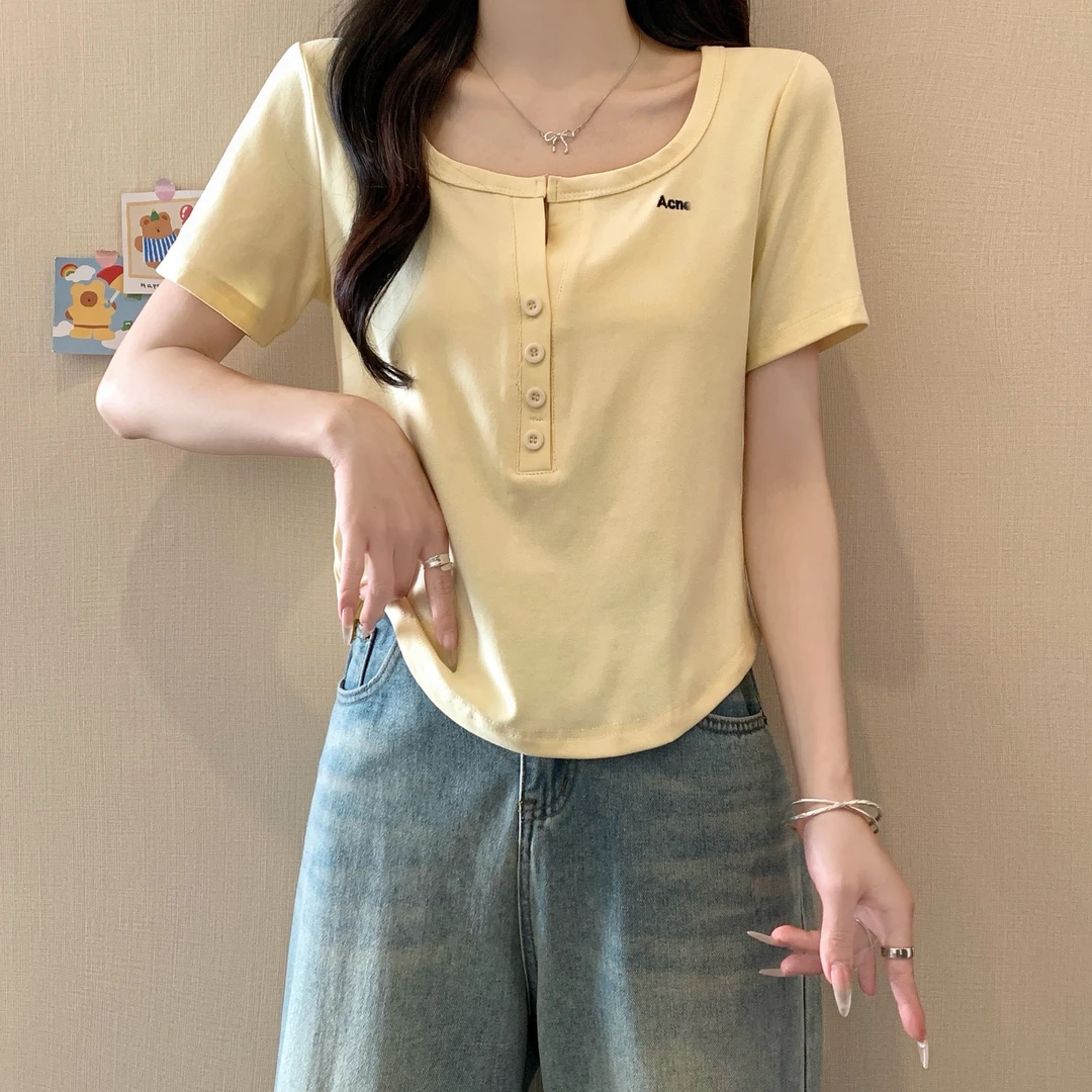 大码女装2025新款基础百搭刺绣字母半开领显瘦短袖T恤夏季