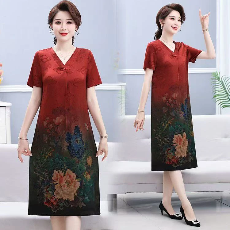 V领妈妈装连衣裙中长款夏季时尚中老年洋气裙子中长款国风气质