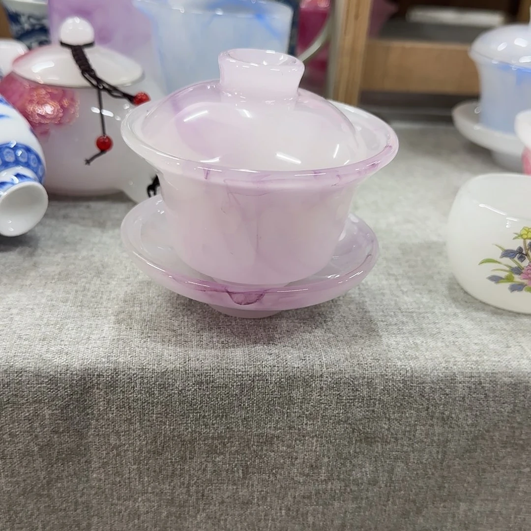 摆件陶紫色盖碗一个三才