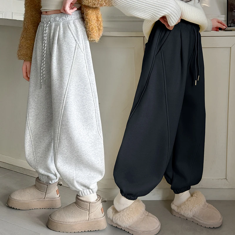 女童运动卫裤灰色春秋新款弯刀女孩冬季加绒儿童中大童长裤子加厚