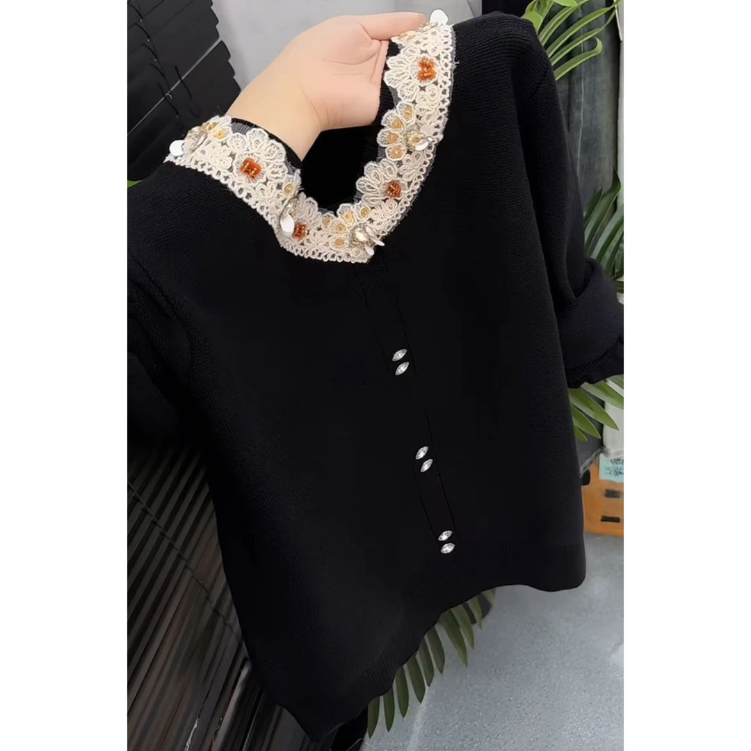 今年流行穿搭2025秋冬新款温柔风蕾丝钉珠花边针织衫休闲长袖上衣