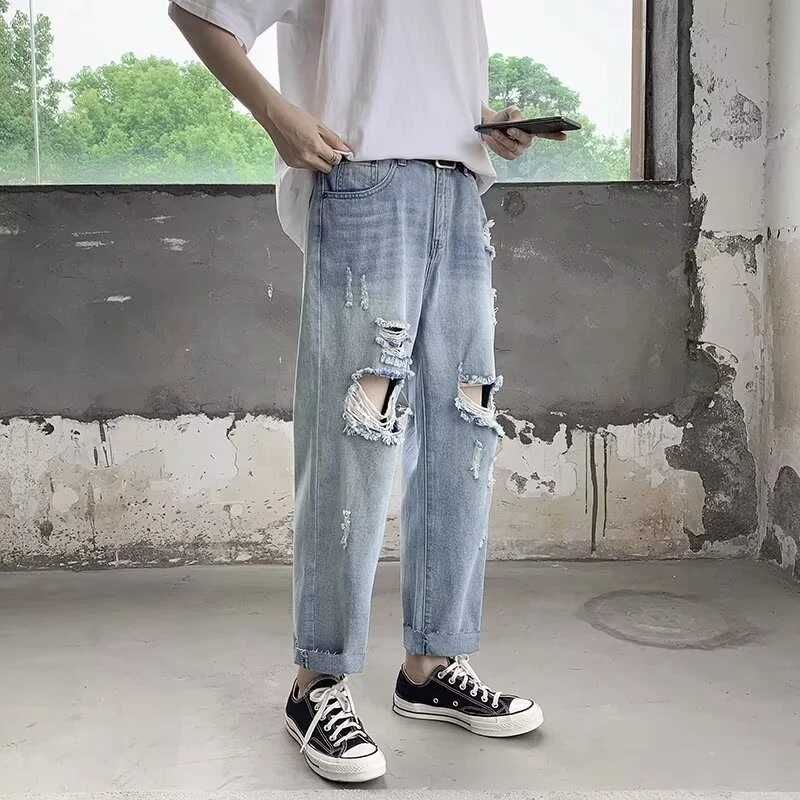 960美式街头水洗做旧破洞牛仔裤男直筒宽松欧美高街长裤子ins