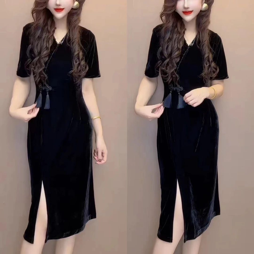 法式女装裙不规则裙收腰连衣裙套头中长款V领短袖