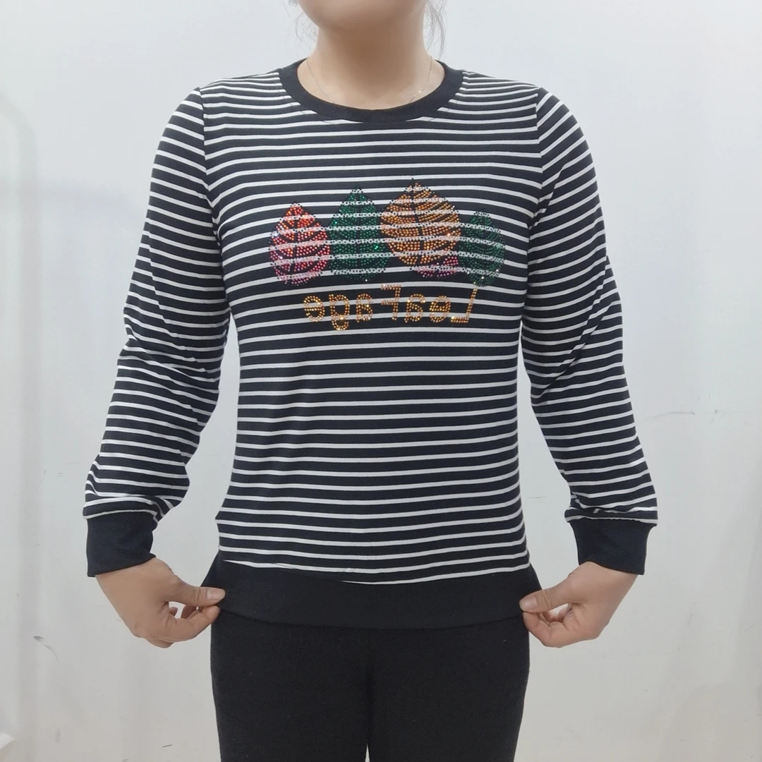 『甜歪歪』[条纹圆领T恤衫]春季新款女装长袖针织纯棉时尚休闲全棉