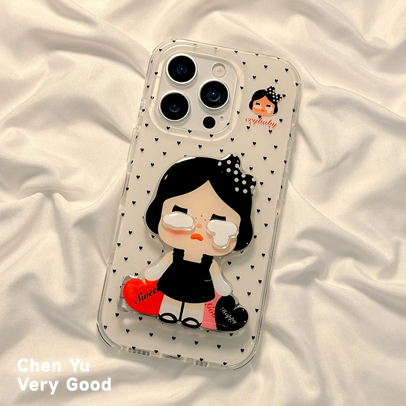 黑色爱心可爱哭娃带镜面支架适用苹果17手机壳镜子iphone16全包