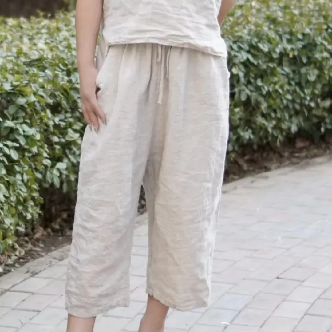 新款百搭砂洗亚麻显瘦百搭直筒裤臀围纯色松紧腰休闲裤