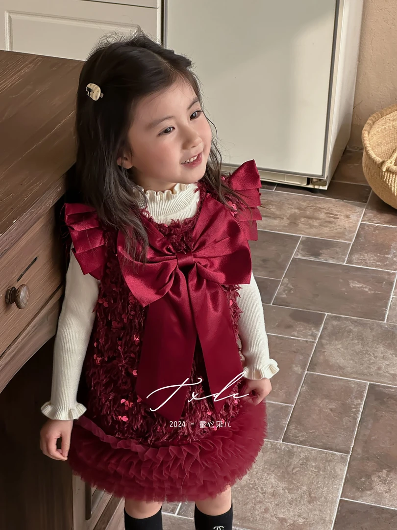 原创24新款冬季女童洋气加绒拜年服周岁礼服裙公主裙套装两件套