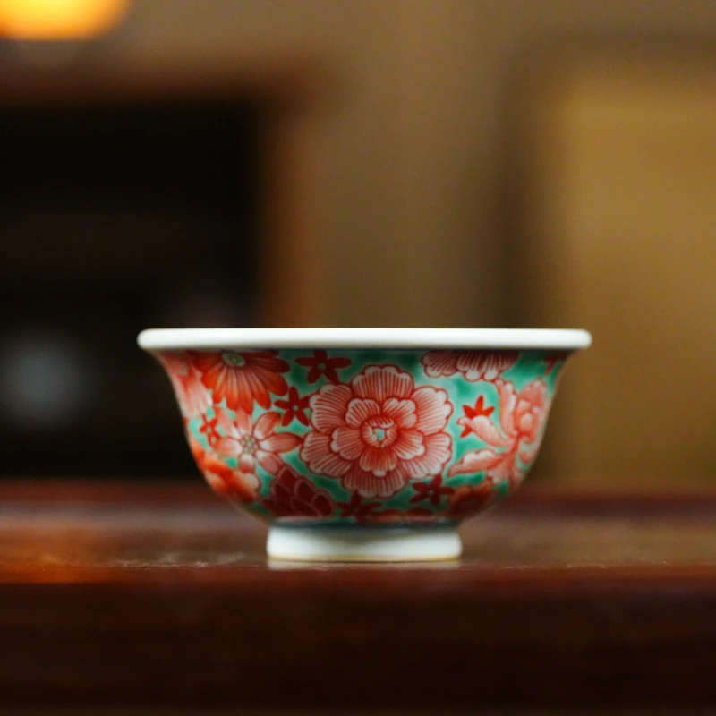 阿茶 红绿彩万花小压手杯翁宿S0201）