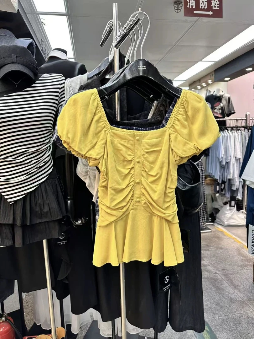 韩系一字肩短袖衬衫女2025夏季新款轻薄款修身衬衣格子套头上衣潮