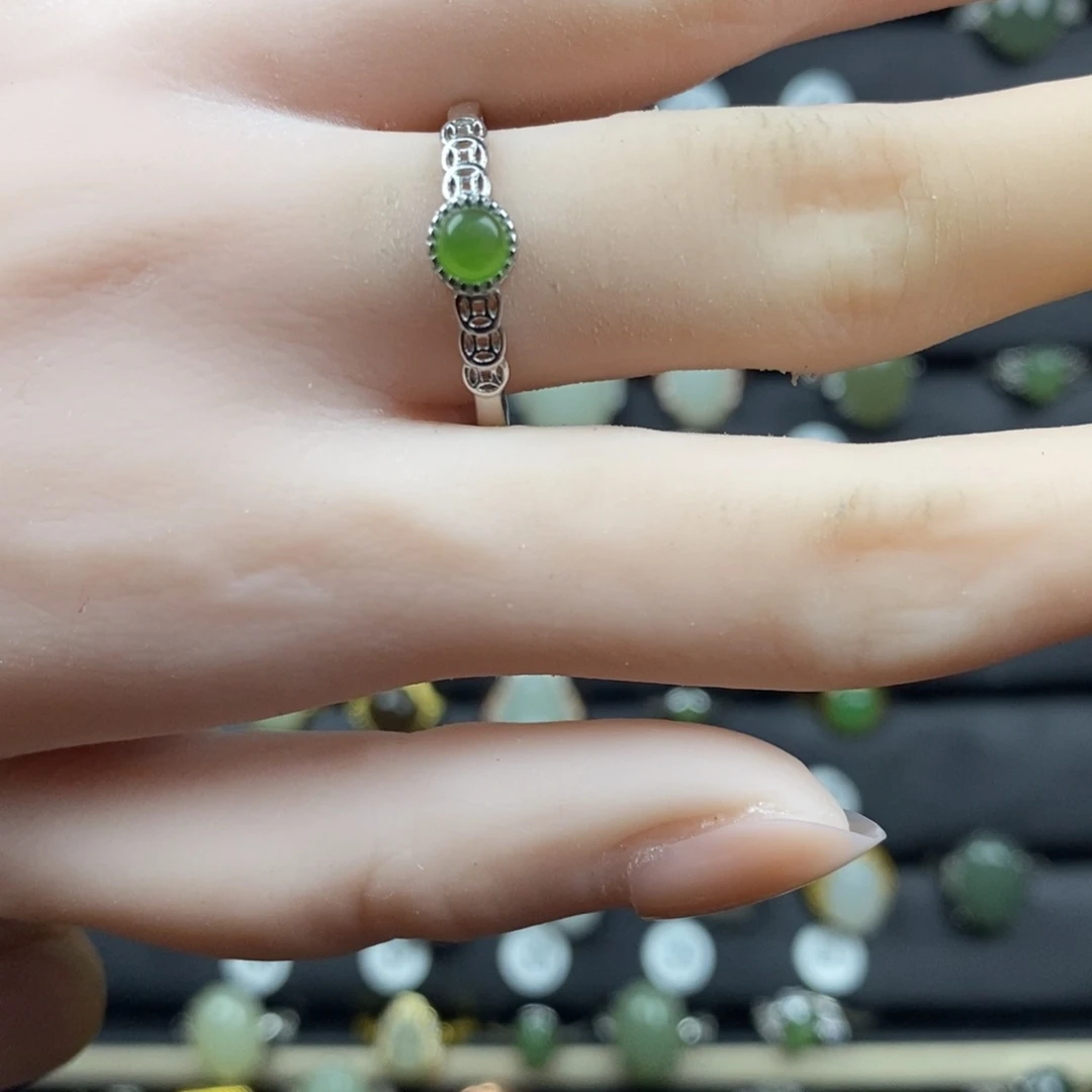 和田玉（碧玉）戒指银S925镀金镶嵌