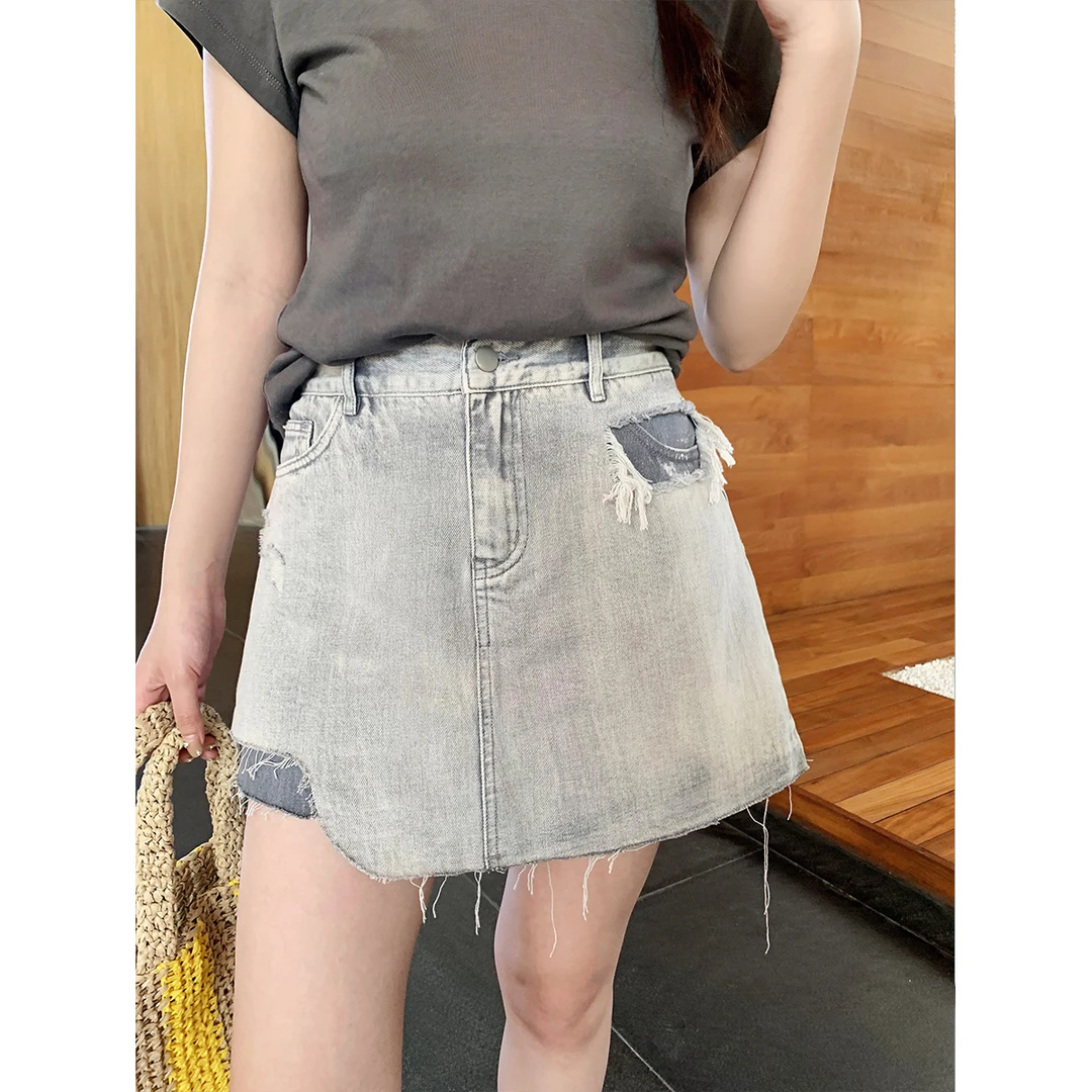 白标~库肯乐队~破洞做旧水牛仔裙显瘦宽松半身裙高腰短款短裙