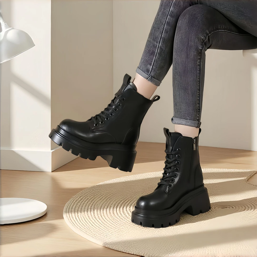 2025新款英伦风马丁靴小个子高跟8cm冬季保暖防滑短靴粗跟鞋2412