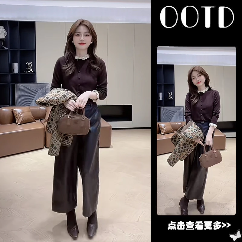 超火早秋穿搭一整套女2025新款韩版拼接针织开衫阔腿皮裤两件套