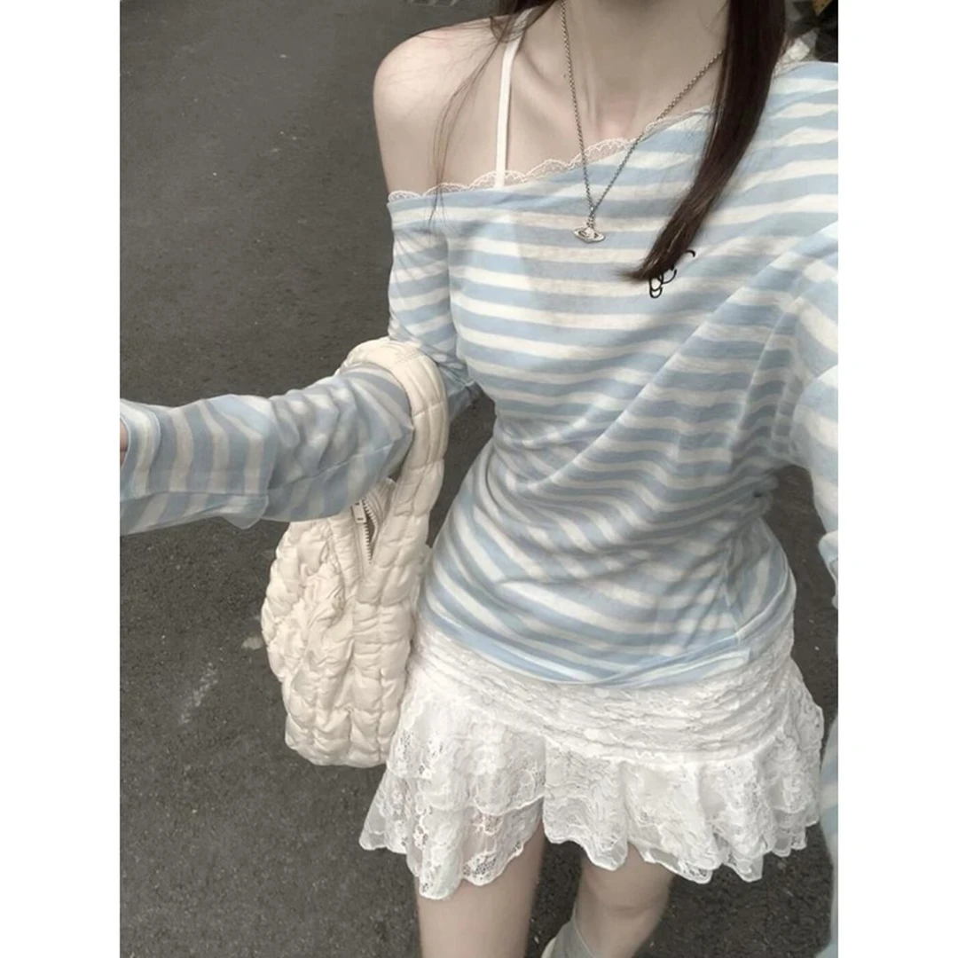韩系chic别致上衣设计感独特漂亮航海系蓝色条纹斜肩防晒t恤女夏