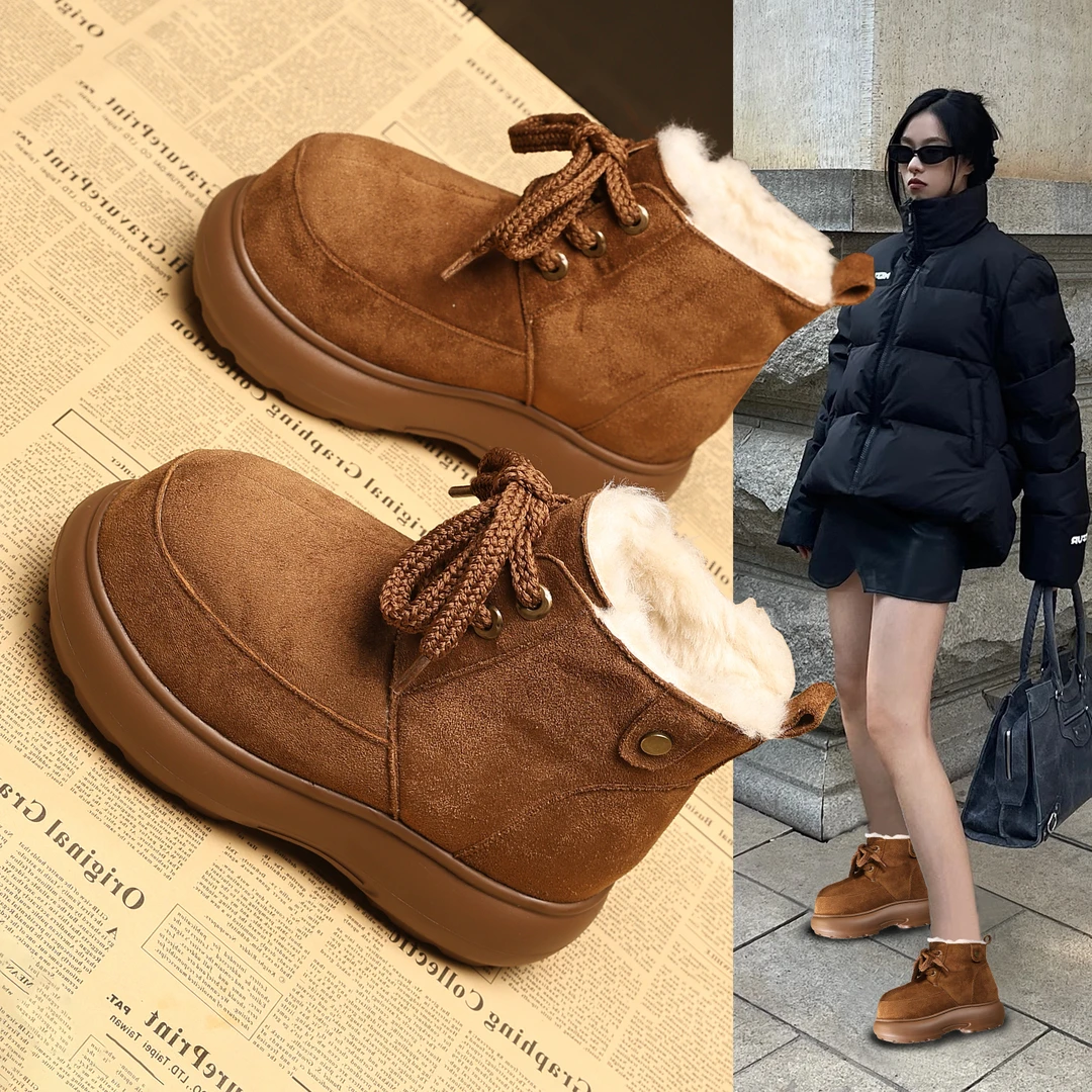 厚底雪地靴女内增高8cm小个子时尚保暖雪地棉鞋松糕大棉靴子短筒